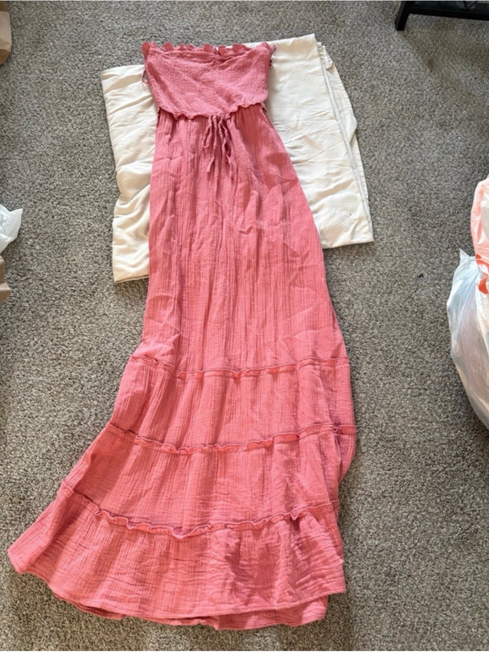 Strapless Pink Maxi Dress with Smocked Bodice and Tie Waist